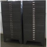 A pair of metal grey painted filing chests, each with twenty drawers, 129cm high,