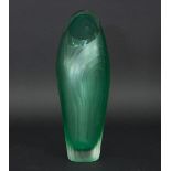Catherine Hough/A green glass vase of tall tapered form with linear contour detailing to outer body,