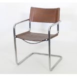 A chrome cantilever frame chair with brown leather seat and back