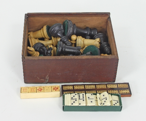 A Staunton type turned wood chess set (lacking one pawn), together with a cribbage board,
