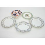 Three English porcelain dessert plates and two other plates