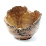 A burr wych elm wood bowl, initialled to base JAH,