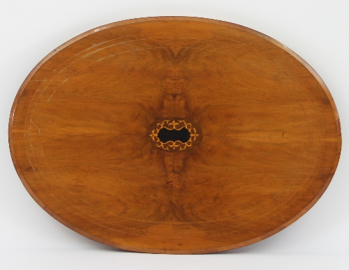 A Victorian walnut oval loo table, with inlaid central foliate oval on a quadruple column support, - Image 2 of 2