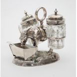 A novelty white metal condiment set modelled as a donkey in harness holding the salt and pepper
