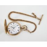 A gold plated half-hunter pocket watch, the white enamel dial with Roman numerals,