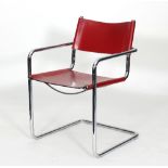 A chrome cantilever frame chair with red leather seat and back stamped Matteo Grassi