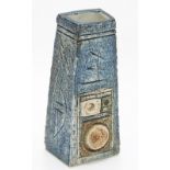 Jane Fitzgerald for Troika/A pottery coffin vase with applied and incised decoration in blues and