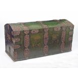 A Spanish marriage chest, green painted and with pierced metal mounts and banding, initialled SPNNO,