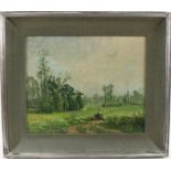 R Fontaine/Girl and Donkey in a Landscape/signed/oil on panel,