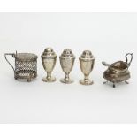 Three silver pepper pots, JHR, London 1906, each of vase shape with double crest,