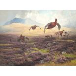 Alfred Oliver (British 1886-1921)/Grouse Flying Over Moorland/signed/oil on canvas,