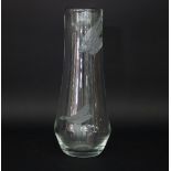 Michael Fairburn/A tall clear glass vase etched with an eagle and a duck in flight,
