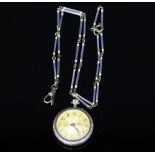 A lady's silver and enamelled open-faced fob watch, the circular gilt dial with Arabic numerals,