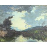 John B Everett (British 1876-1949)/River Landscape at Dawn/signed/oil on canvas,