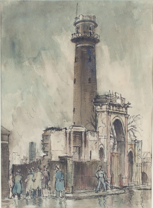 T W/The Shot Tower and Lion Brewery, Lambeth after the Blitz/monogrammed/ink and coloured wash,