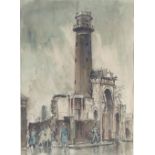 T W/The Shot Tower and Lion Brewery, Lambeth after the Blitz/monogrammed/ink and coloured wash,