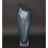 Catherine Hough/A blue glass vase of tall tapered form with linear contour detailing to outer body,
