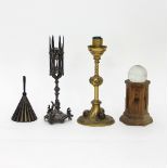 A gothic plated taper stick with lantern column,