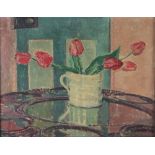 M A Mathers/Tulips in a Mug/signed/oil on canvas,
