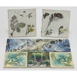 Two Minton tiles, transfer printed flowers, insects and birds, 20cm wide and six other tiles,