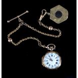A lady's gold cased open-faced fob watch, the white enamel dial with Roman and Arabic numerals,