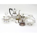 A quantity of silver plated wares including two fruit stands, a hot water jug, two mugs, etc.