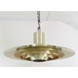 A 1960s Heals pendant light fitting, the brushed metal with gilt finish,