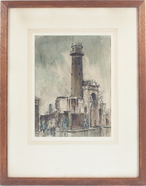 T W/The Shot Tower and Lion Brewery, Lambeth after the Blitz/monogrammed/ink and coloured wash, - Image 2 of 2