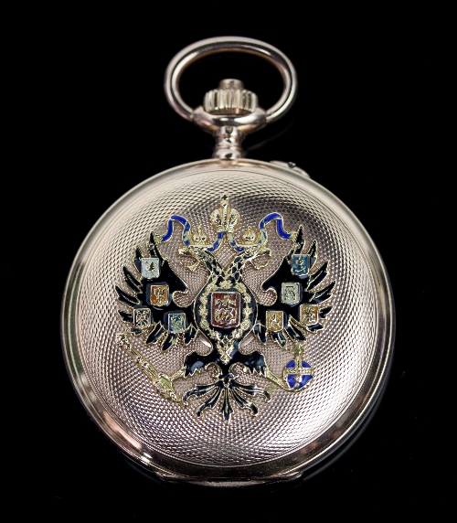 A Russian 14ct gold and enamelled Faber Type hunter pocket watch,