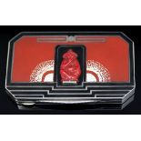 A Tamisier silver, enamel and carved coral visiting card case of canted rectangular form,