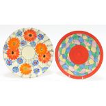 A Clarice Cliff 'Bizarre' plate, with multi-coloured geometric design, 26cm diameter,