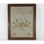 A George III needlework sampler, embroidered verse, terraced gardens and stylised design,