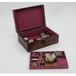 A mahogany and mother-of-pearl inlaid workbox, containing two silver propelling pencils,