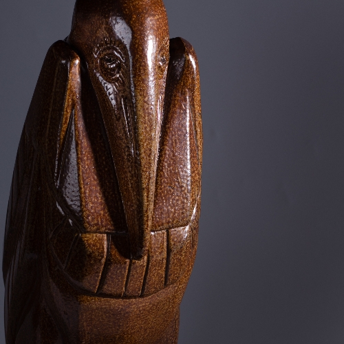 A stoneware pelican birdbath, possibly retailed by Liberty, in allover brown salt glaze, - Image 2 of 3