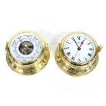 A Schatz ships clock and ships aneroid barometer in a brass case,