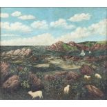 Primitive 20th Century School/Sheep on a Coastal Edge above a Sailing Boat/oil on canvas,