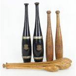 Three juggler's batons with turned wood handles,