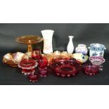 A cranberry glass comport, 25cm diameter, sundry cranberry glass, ceramics etc.