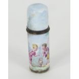 A French enamelled scent bottle, depicting children and a puppy in a landscape,
