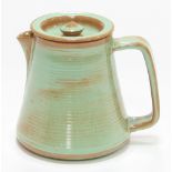 A Prinknash Pottery teapot, of conical ribbed form with celadon green and brown glaze,