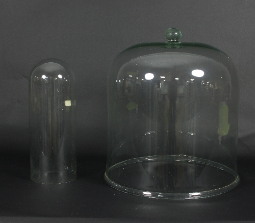 A large glass bell-shaped cover, 42cm high x 39cm diameter and a smaller glass dome,