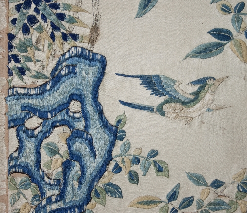 Four Chinese needlework panels of birds in flowering branches, - Image 2 of 13