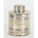 A cylindrical silver tea caddy, EJG, Birmingham 1924, with cover and thread borders,