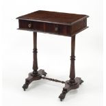 A late Regency lignum vitae veneered work table, the rectangular top with two frieze drawers,