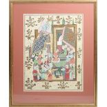 A 20th Century Indian School silk painting depicting robed gentleman offering gifts at a ceremony,