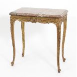 A Louis XV style marble topped occasional table on carved and gilded frieze and cabriole legs,