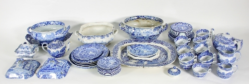 A large quantity of blue and white transfer dinner wares, mainly Spode,
