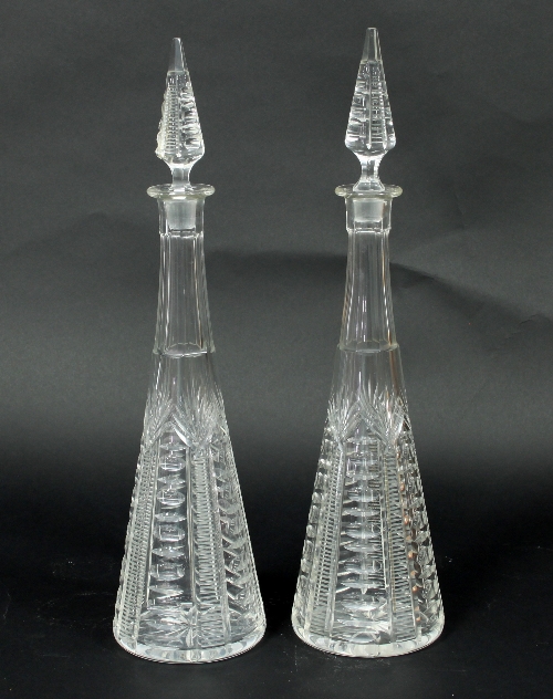 A pair of tall cut glass decanters with circular bases, - Image 2 of 2