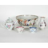 A Chinese famille rose teapot and cover, circa 1760, a Chinese famille rose bowl, 26cm diameter,