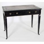 A Victorian ebonised writing table, with inset leather top,